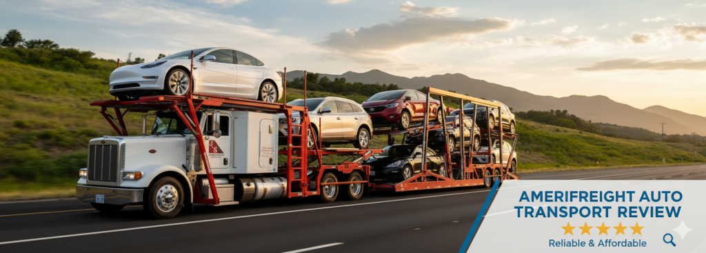 AmeriFreight Auto Transport truck carrying cars on a highway with review overlay, highlighting reliable and affordable car shipping.