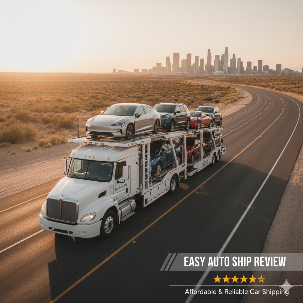 Easy Auto Ship car carrier truck transporting vehicles with a city skyline backdrop, representing affordable and reliable auto transport services.