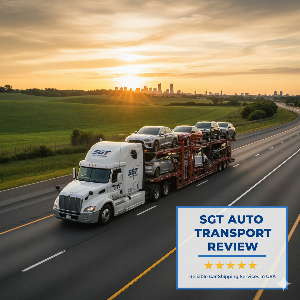 SGT Auto Transport multi-level car carrier truck moving vehicles on a highway, with review text highlighting reliable car shipping services in USA.