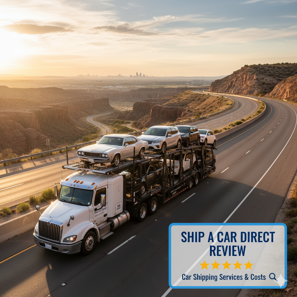 Ship a Car Direct auto transport truck on a scenic highway, illustrating professional car shipping services.