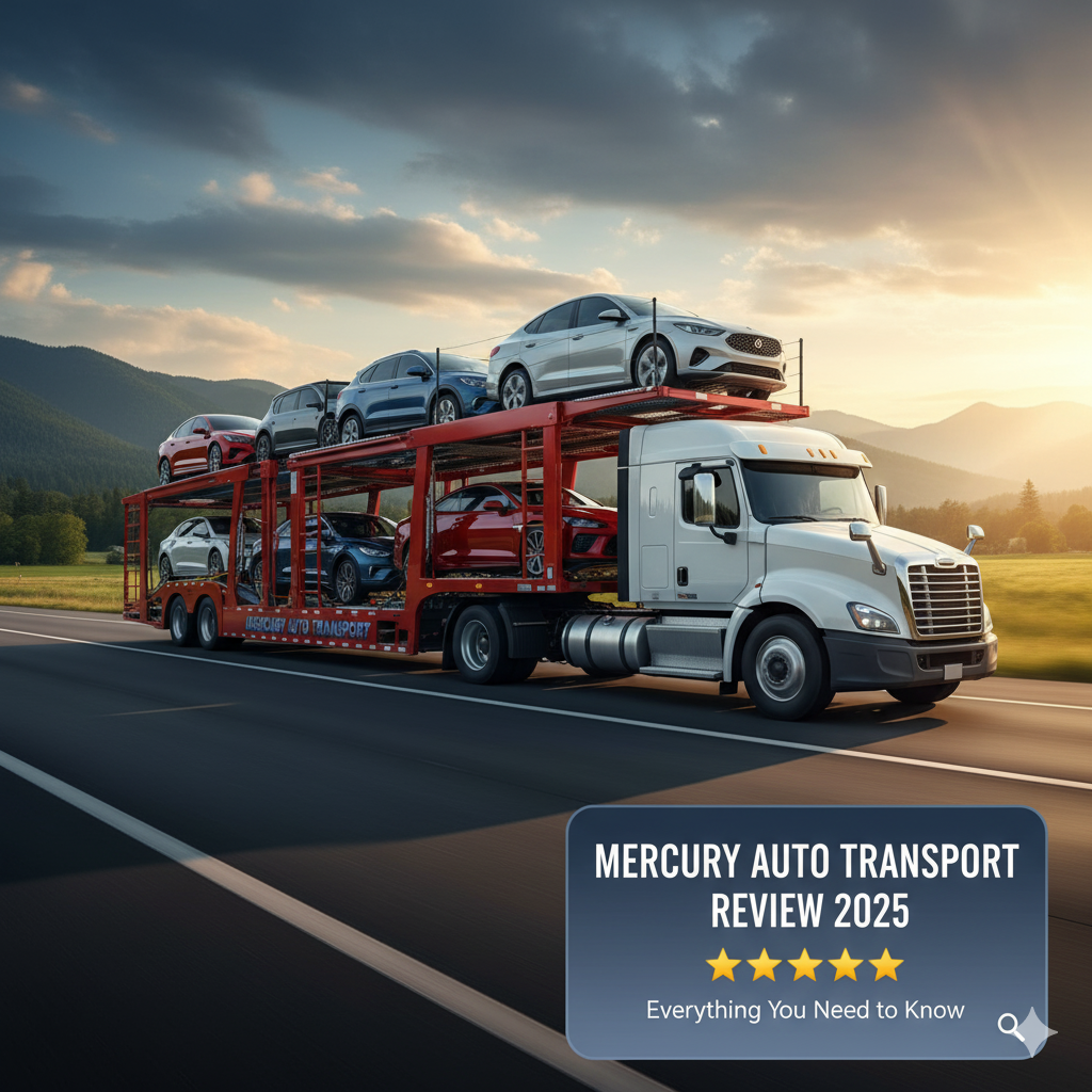 Mercury Auto Transport open car carrier truck on a scenic highway at sunset, with a review overlay indicating essential shipping information for 2025.