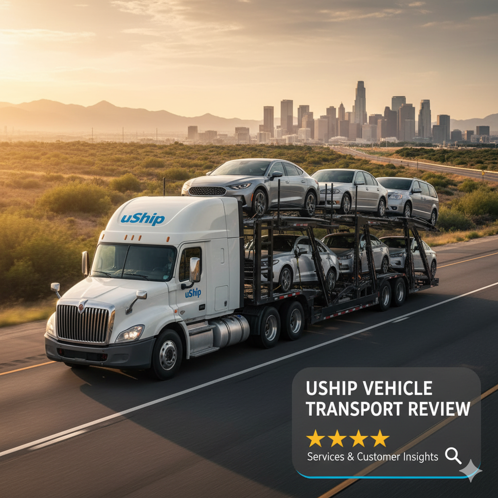 uShip vehicle transport car carrier truck on a highway with city skyline, representing uShip services and customer insights.